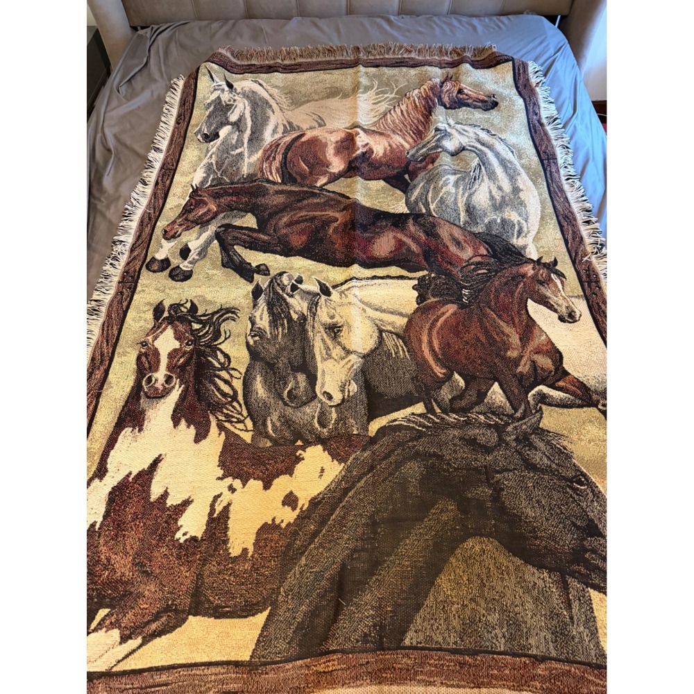Vintage Woven Horse Tapestry Throw Blanket Fringed Equestrian Western Decor